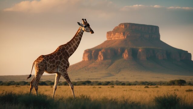 Giraffe walking in the savannah with a notable geological formation visible behind it.