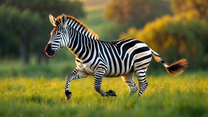 Fototapeta premium Wild zebra roaming through lush meadow under clear sky