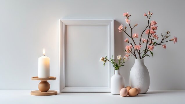 Spring-inspired interior layout with picture frames, eggs, and floral arrangements for Easter celebration