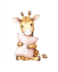 Fototapeta premium Baby Giraffe Hugging Pink Pillow on White Background