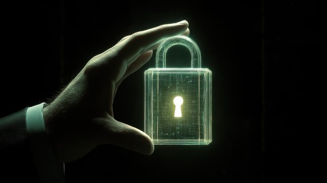 Business hand touching a holographic padlock for secure digital access