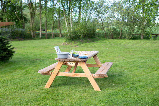 Wooden picnic table in nature.