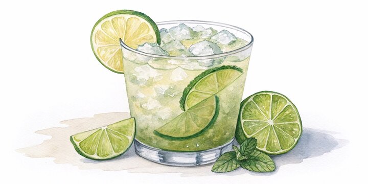 Caipirinha cocktail with crushed ice and lime slices in a small glass. Watercolor illustration isolated on transparent background. Traditional Brazilian drink with cacha&ccedil;a and lime.