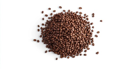 Roasted coffee beans clustered in a mound.  A top-down close-up view of dark brown coffee beans, densely packed together.  The beans are scattered slightly around the central pile