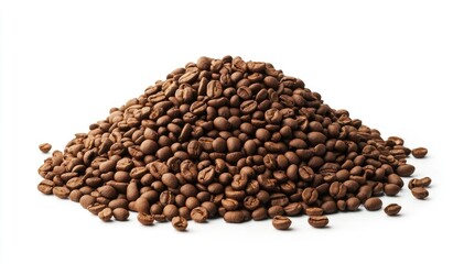 Roasted coffee beans piled high on white background.  Roasted coffee beans clustered in a mound, showing a rich brown hue and varied textures