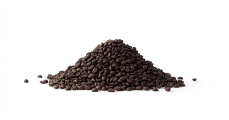 A substantial pile of dark brown coffee beans rests on a plain white surface. The beans are densely packed, forming a small cone-shaped mound