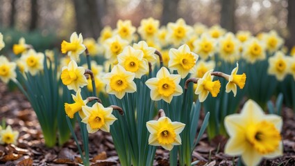 Fototapeta premium Spring garden filled with yellow daffodils under the sun.
