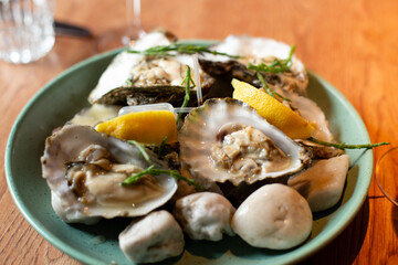 Fresh oysters served on white pebbles with lemon wedges. Premium seafood presentation, ideal for gourmet dining concepts or restaurant menu visuals.