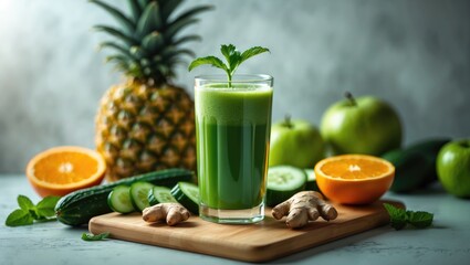 Fototapeta premium Detox green juice in a glass placed on a wooden tray with small fruit ingredients beside it