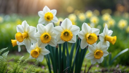 White daffodils growing in a garden of flowers