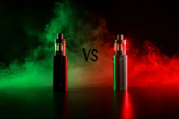 Two e-cigarettes face each other in a striking, modern comparison, illuminated by dramatic lights.