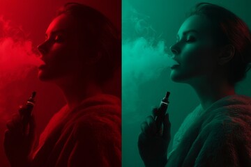 A young woman exhales vapor, creating a dramatic silhouette with red and green lighting.