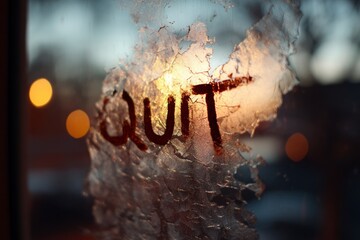 The word "quit" is written on a window with a blurred background in the evening.