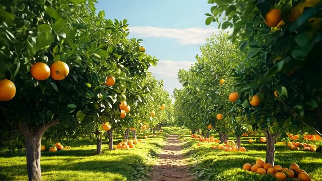 Orange trees in orchard rows under blue sky