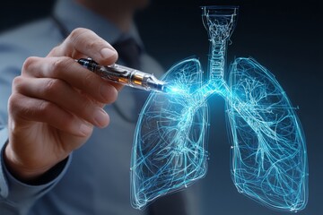 Doctor pointing at an illustration of human lungs with a vape pen, medical concept.