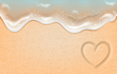 Sandy background with an incoming wave and and heart drawn on sand. Photo- realistic vector illustration.