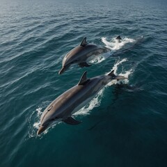 Fototapeta premium Dolphins Swimming Alongside a Boat.