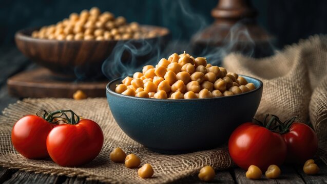 Overhead shot of a bowl of cooked chickpeas on wooden background for healthy cuisine
