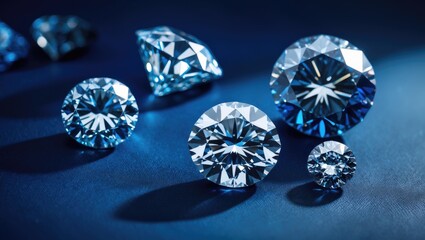 Magnified shot of diverse diamonds in various cuts and sizes at a jewelry expert's work area on a blue background