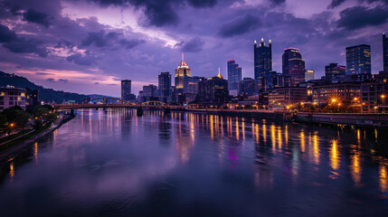 Naklejka premium Purple twilight city river reflections