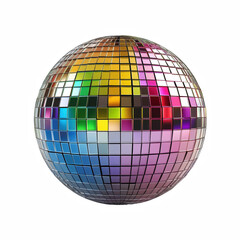 Obraz premium Colorful rainbow disco ball with reflective mirror tiles, vibrant party decoration sphere isolated on transparent background.