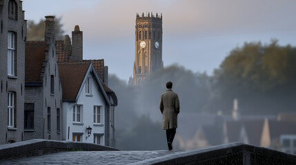 Person crossing a stone bridge with morning haze in the background