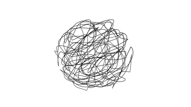 Looped hand-drawn animation. Chaotic tangle or black line sketch in the form of a spherical scribble. Nervous, tangled doodle circle or thread knot spinning on a white background. 4K seamless