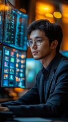 Focused worker at multiple screens