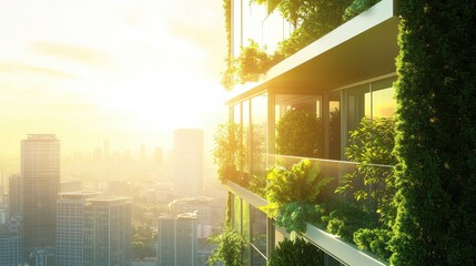 green building with trees and sunlight in the city background.