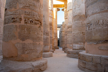 Karnak Temple in Luxor, Egypt. Hieroglyphs and Art on pillars and walls. Temples, pylons, chapels, and other buildings in Karnak Temple Complex 