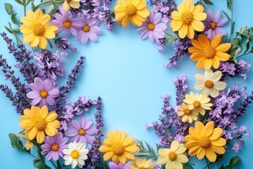Obraz premium Floral of Yellow Daisies and Purple Lavender Blossoms on Blue Background