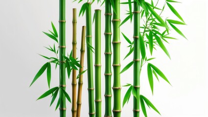 Isolated green bamboo and leaves on white backdrop