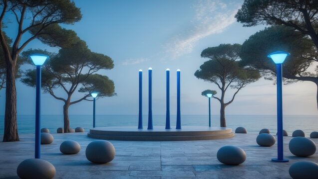 Tranquil coastal park with graceful trees and blue streetlights along the pathway overlooking the serene sea