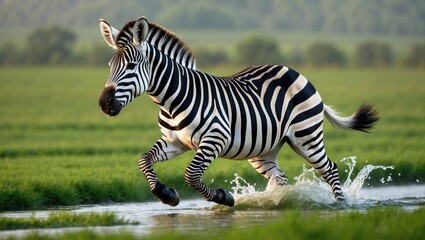 Fototapeta premium African zebra sprinting through the grasslands of Tanzania