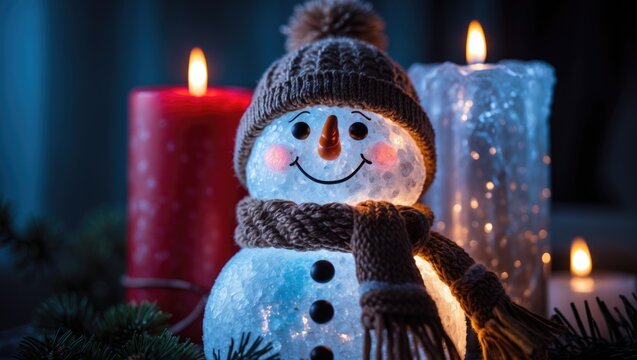 Snowman LED ornament in front of decorative setup