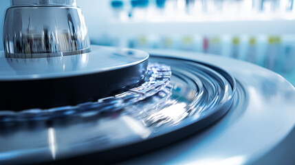 Closeup of a modern robotic machine for blood centrifugation and urinalysis. Hospital laboratories, automatic biochemical analyzer