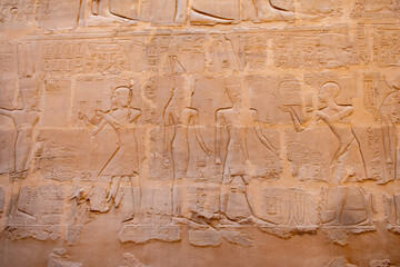 Karnak Temple in Luxor, Egypt. Hieroglyphs and Art on pillars and walls. Temples, pylons, chapels, and other buildings in Karnak Temple Complex 