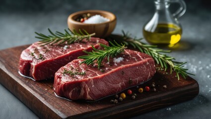 Uncooked beef steak with herbs for cooking