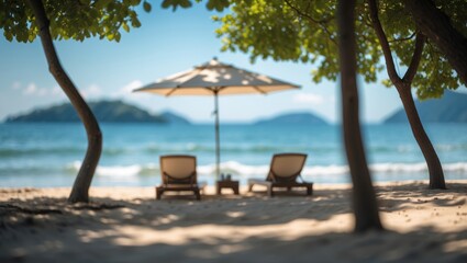 Tranquil Coastal Landscape Featuring Sunbeds, Shade, and a Peaceful Sea Against a Blue Sky
