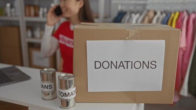 Woman talking on phone at charity center with donation box and canned goods on table indoors.