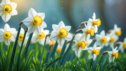 Beautiful garden filled with colorful daffodils and lush greenery in spring