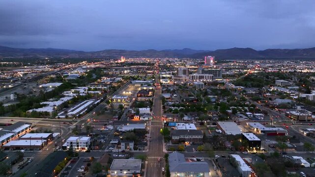 Reno Nevada - Aerial View of Reno Looking East Towards Sparks at Dusk