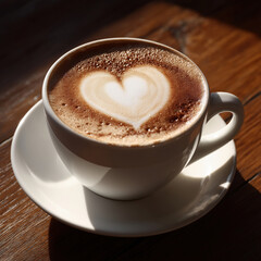 Fototapeta premium Coffee cup with heart latte art on wooden table in bright morning light
