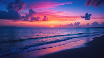 Twilight horizon with sunset sky clouds above the sea, showcasing Blue, Purple, Pink, and Orange sunlight in summer