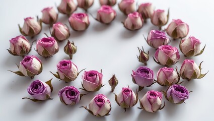 Isolated dry tea rose buds on white surface