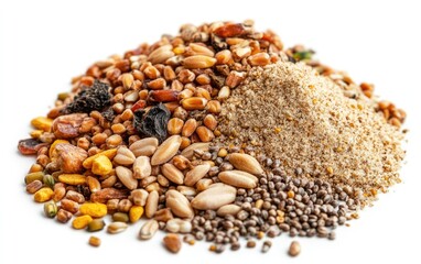 A variety of grains and seeds, including wheat, corn, and seeds, mixed together.  A pile of different types of food, likely for animal feed