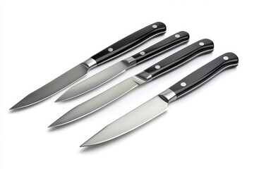 Fototapeta premium black-handled knives on a wooden cutting board, surrounded by colorful vegetables and herbs.