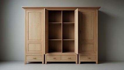 Classic wooden wardrobe featuring three doors, with the center door ajar to display inside storage