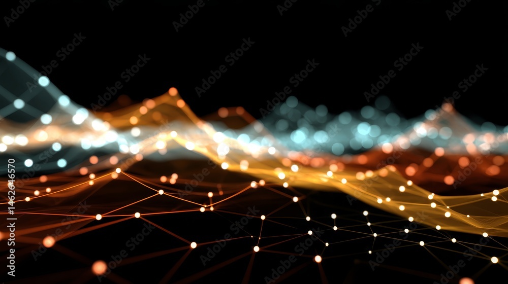 Poster Glowing neural network lines connect geometric data points on a dark grid, showcasing digital transformation, with ample space on the right