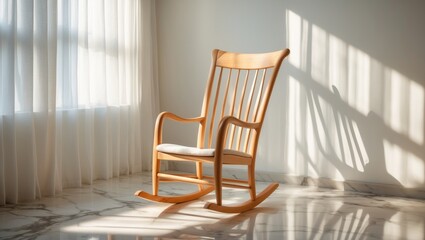 Wooden rocking chair positioned by the window in the room.